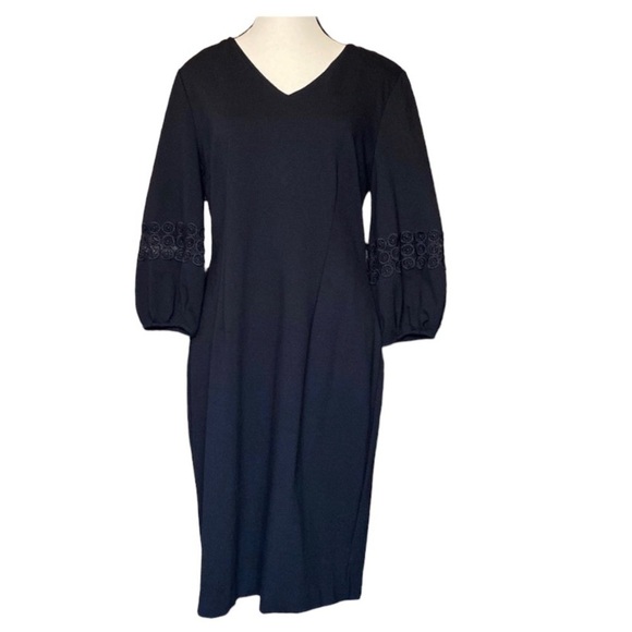 TALBOTS Black Midi Puff 3/4 Sleeves with Lace Details v-neck Dress Sz 8 - Picture 2 of 10